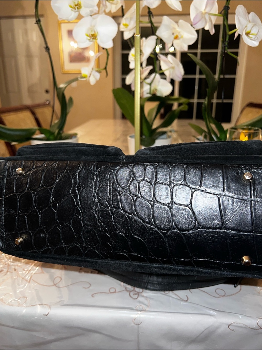 Furla Black Suede Croc Embossed Leather Shoulder Satchel Bag - Picture 13 of 14